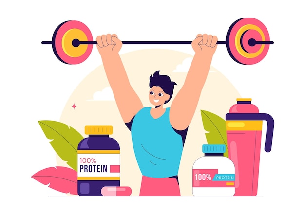 Protein Supplements Vector Illustration featuring Healthy Food Protein Powders and Fitness Workouts to Support Nutrition and the Body Vitamin
