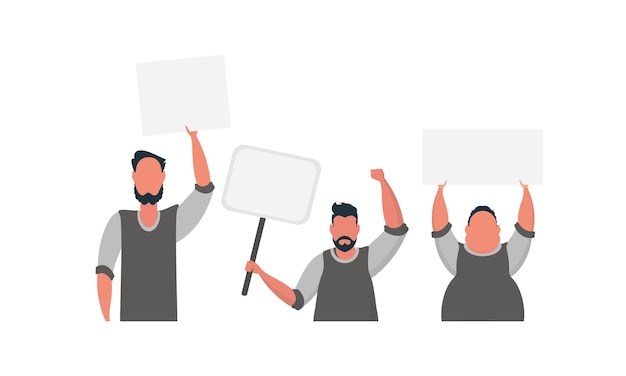 protesting men with a banner isolated on white background flat style vector