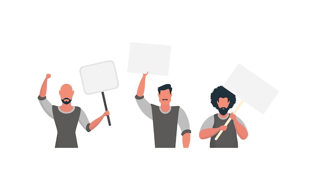 protesting men with a banner isolated on white background vector illustration