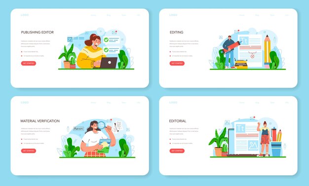 Publishing editor web banner or landing page set. Journalist working