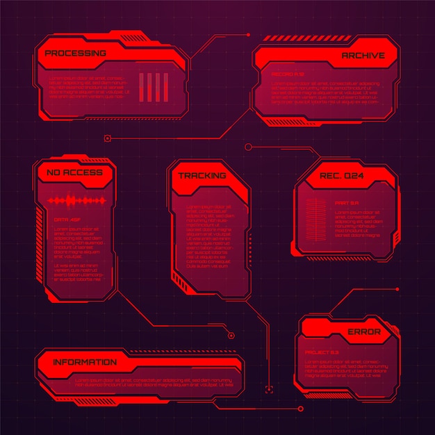 Punaiset futuristiset HUD- tai käyttöliittymäelementit scifi-käyttöliittymän tekstilaatikot selitteet varoitusviestikehykset