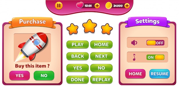 Purchase and Settings menu pop up screen with stars and button