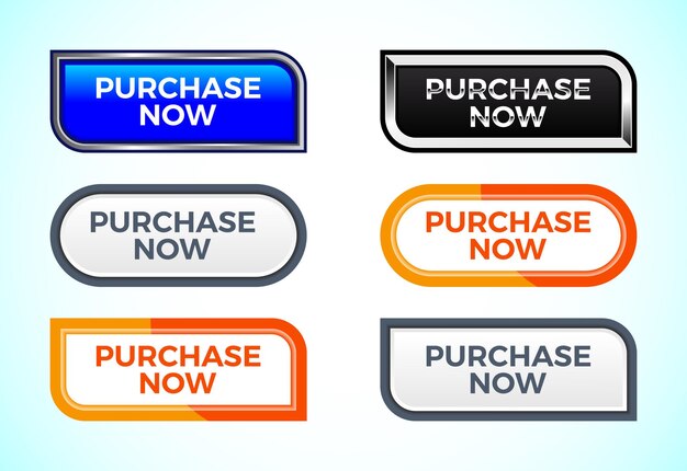 Purchase Now button set of different shapes and colors Suitable for mobile app and website UI design