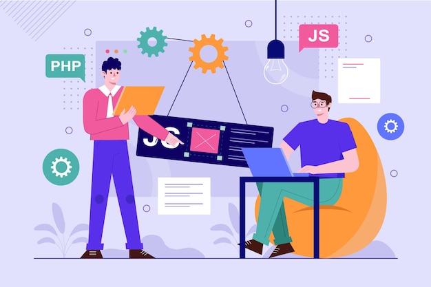 Purple background concept Web design with people scene in the flat cartoon design