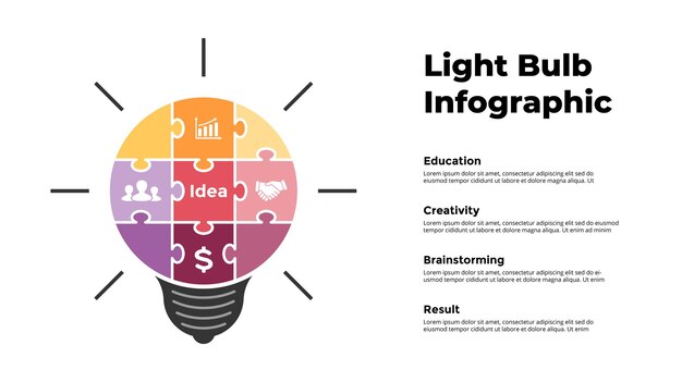 Puzzle light bulb Infographic Generating new ideas concept Vector slide template Brainstorm diagram