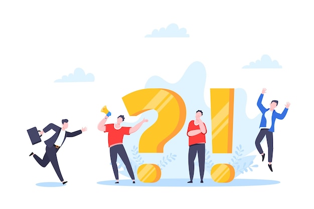 q and a or faq concept with tiny people characters big question and exclamation mark frequently
