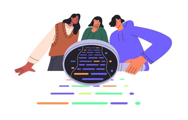 QA software engineer team with magnifying glass inspect code Testers in teamwork find bugs in script People search error in development Programming flat isolated vector illustration on white