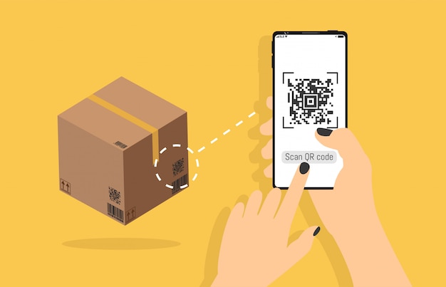 QR-koodiin liittyvät vektorilinjakuvakkeet: toimituslaatikon skannaus älypuhelimella, realistinen mobiilityyli kädessä, tuotteen tunnistus myymälässä, tietojen skannaus käytön aikana.