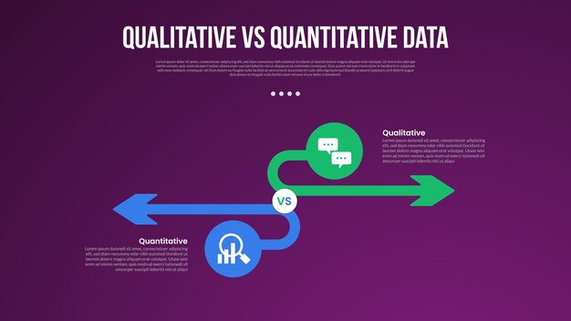qualitative vs quantitative data infographic outline style with 2 point comparison template with circle and long arrow opposite direction for slide presentation