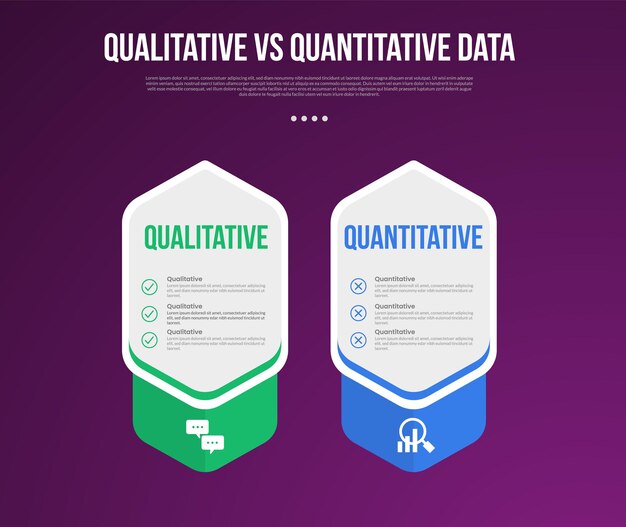 qualitative vs quantitative data infographic outline style with 2 point comparison template with creative big hexagon price box table for slide presentation