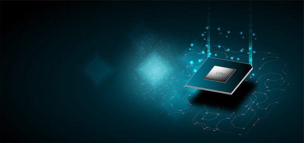 Quantum computer, large data processing, database concept.CPU isometric . Central Computer Processors CPU concept.Digital chip Futuristic microchip processor with lights on the blue background.