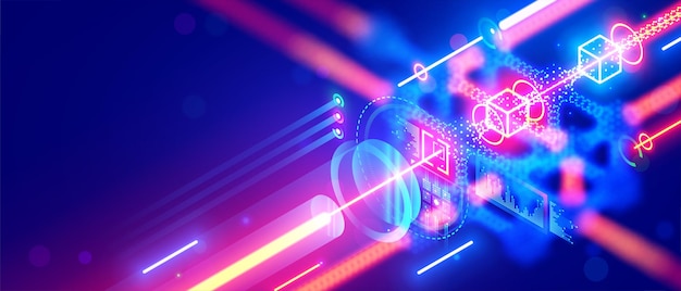 Quantum computing Close up of optical cpu process light signal Quantum computer of glowing qubits Laser ray signal transmitting digital signal in chip or processor Abstract technology background