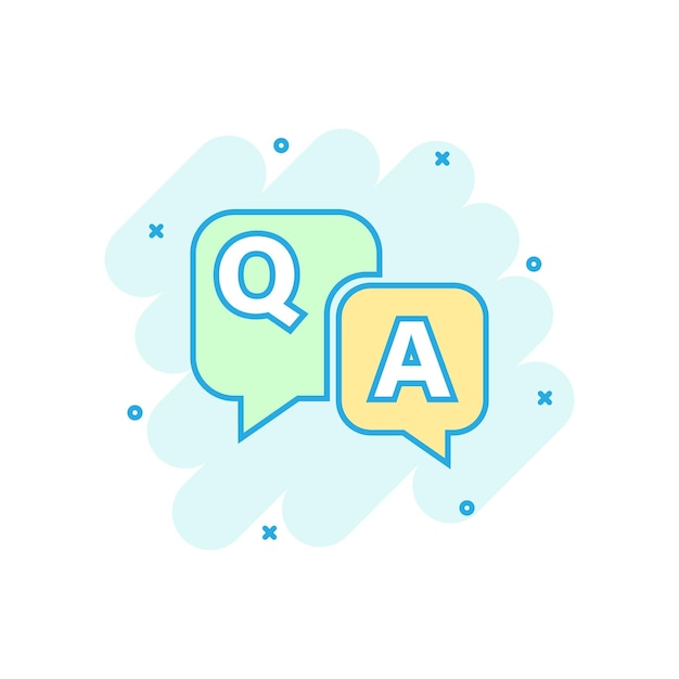 Question and answer icon in comic style Discussion speech bubble vector cartoon illustration pictogram Question answer business concept splash effect
