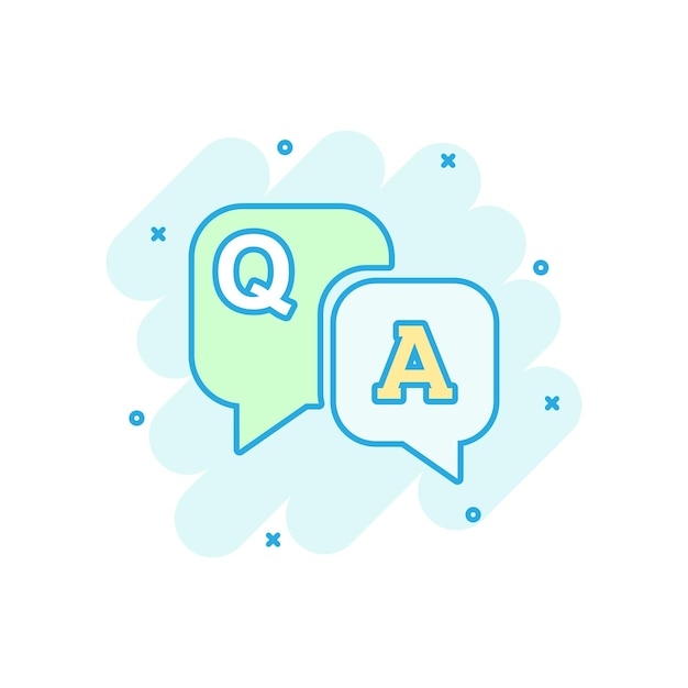 Question and answer icon in comic style Discussion speech bubble vector cartoon illustration pictogram Question answer business concept splash effect