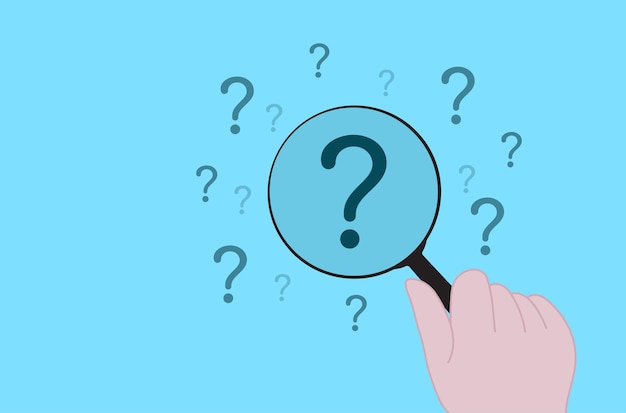Question mark and root cause analysis concept background vector art A hand holding a magnifying glass over a large question mark surrounded by smaller ones on a blue background