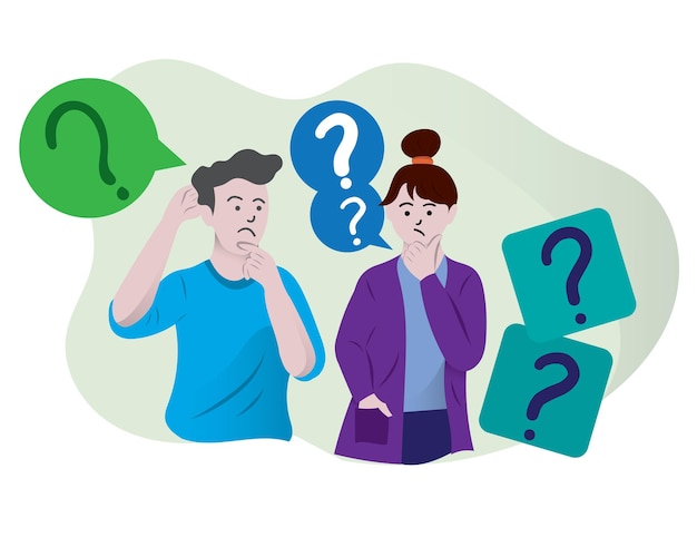 Questioning people men women in doubt thinking with question marks over scratching head Confusion