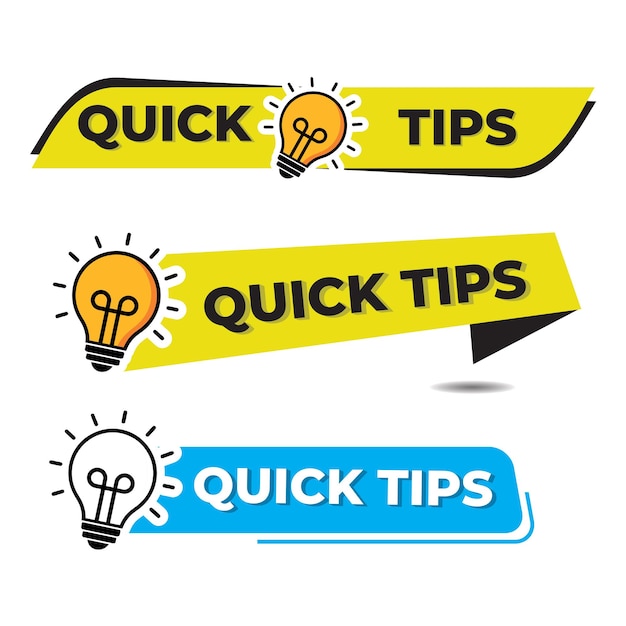 quick tips helpful tricks vector logo icon or symbol set with black and yellow color and lightbulb