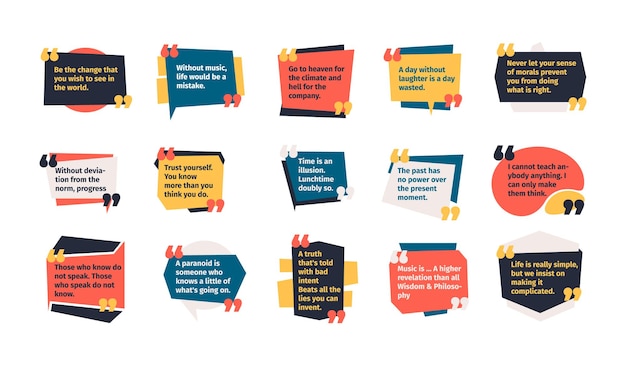 Quotes in frames Speech balloon textbox with commas for quoting or comment feedback dialog box with text discussion note stickers Vector flat set