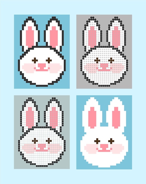 Rabbit face in vector illustration of pixel art Beads pattern cute bunny dot pixels