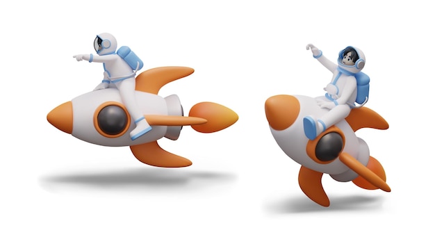 Races on space rockets Astronaut in space suit sits on top of rocket