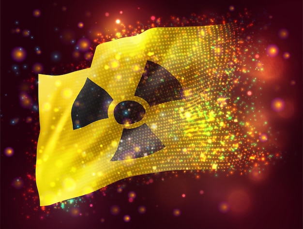 Radiation danger sign on a yellow vector 3d flag on pink purple background with lighting and flares