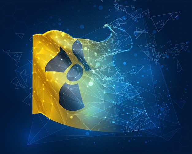 Radiation sign on a yellow background in 3d vector flag virtual abstract 3D object from triangular polygons on a blue background