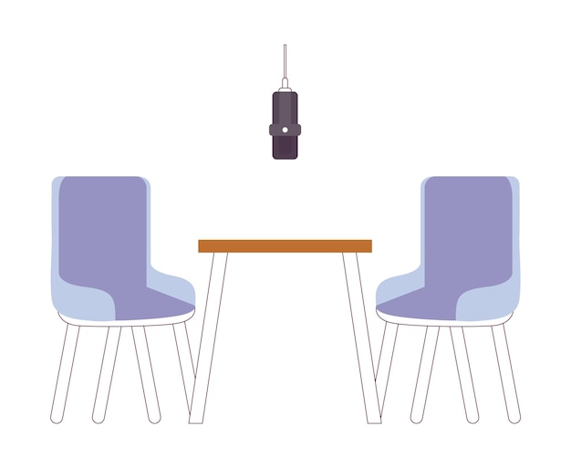 Radio interview studio recording room 2D cartoon object Comfortable desk chairs with hanging microphone isolated vector item white background Furniture technology color flat spot illustration
