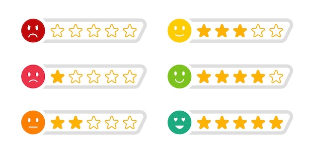rating stars. feedback. customer reviews. set of emoticons. bad and good mood.