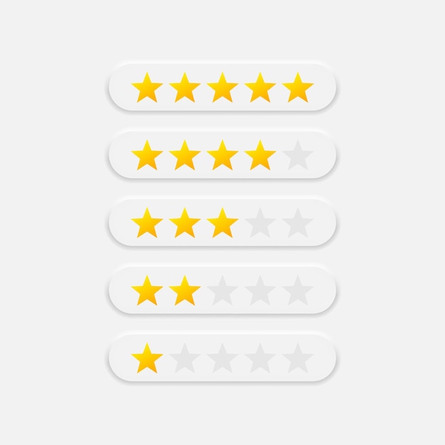 Rating stars from one to five vector icons in neumorphic style. Neumorphism design elements. Review symbol. Vector EPS 10