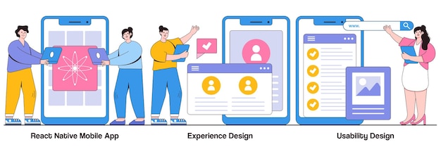 React native mobile app, experience design, usability testing concept with tiny people. Mobile app development process abstract vector illustration set. User interface, software architecture metaphor.
