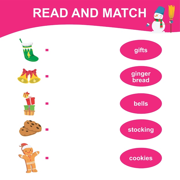 read and match sheet. matching english word with images using cute christmas items. vector file.
