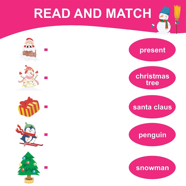 read and match sheet. matching english word with images using cute christmas items. vector file.