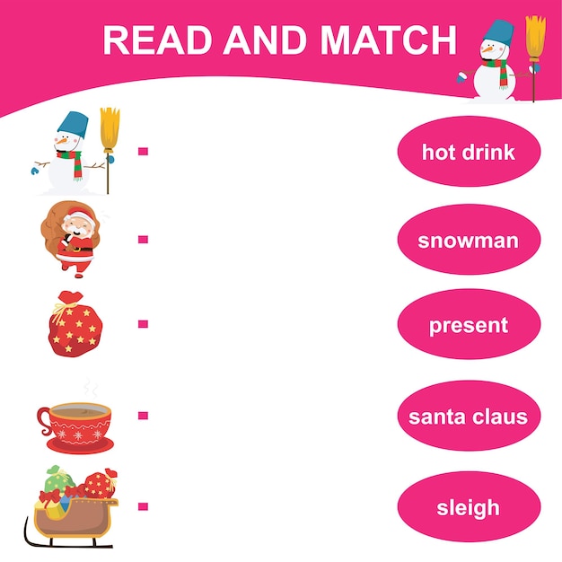 read and match sheet. matching english word with images using cute christmas items. vector file.