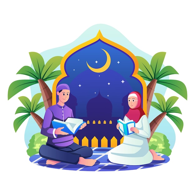 Reading the Koran at night Ramadan Illustration