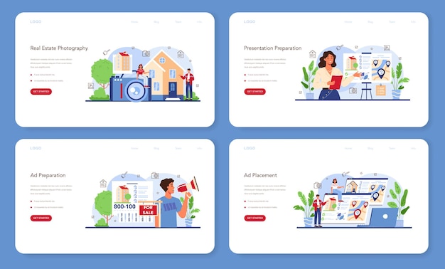 Real estate industry web banner or landing page set. Property selling advertising, apartment rent advert. Realtor house presentation and photography. Flat vector illustration