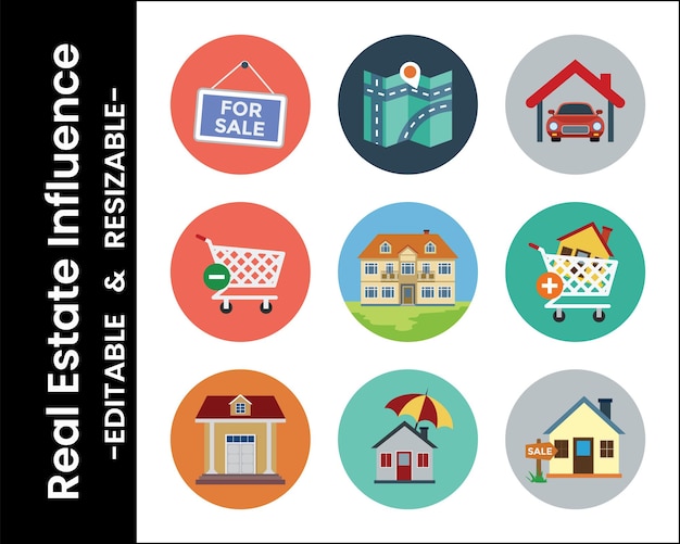 Real Estate Property Icons Collection In Flat Design Round Shape With Modern Style