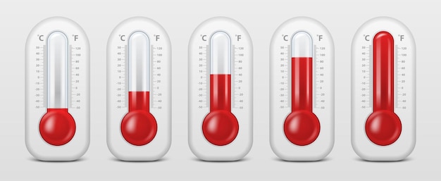 Realistic 3d celsius and fahrenheit meteorology weather thermometer icon set closeup isolated