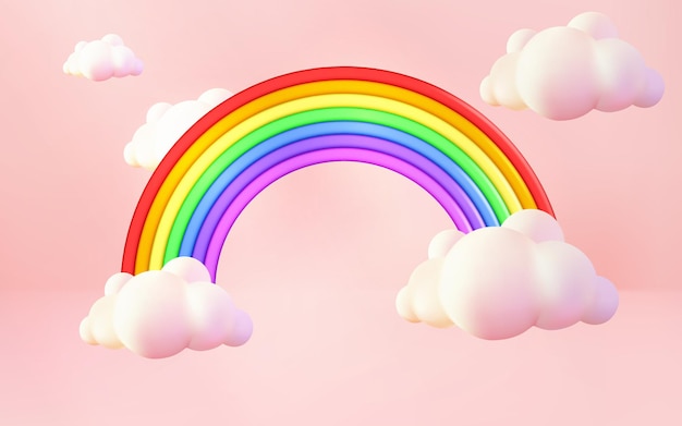 Realistic 3d cute rainbow on pink background with 3d pastel cloud