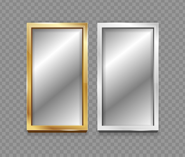 Realistic 3d Detailed Mirror with Silver and Golden Frame Set Vector