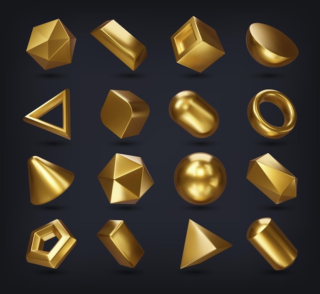 Realistic 3d golden math geometric shapes Vector set of cube cylinder and ring octahedron cone pyramid parallelepiped Square hexagonal and pentagonal prism dodecahedron icosahedron pyramid