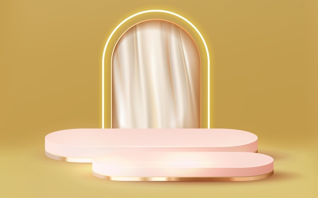 Realistic 3d luxury gold podium golden stage on pink background with curtain