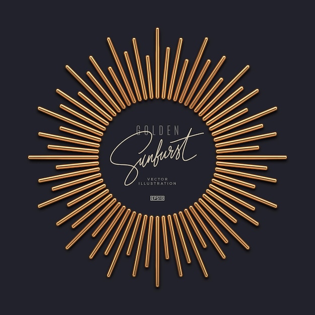Realistic 3d render gold metal sunburst rays on dark background and copy space
