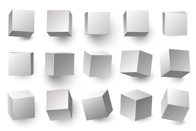 Realistic 3D white cubes. Minimal cube shape with different perspective, geometric box shapes