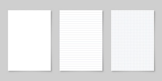 realistic blank lined paper sheet with shadow in a format isolated on gray background collection