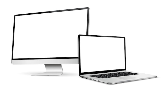 Realistic computer screen with laptop mockup Computer display and laptop with blank screen