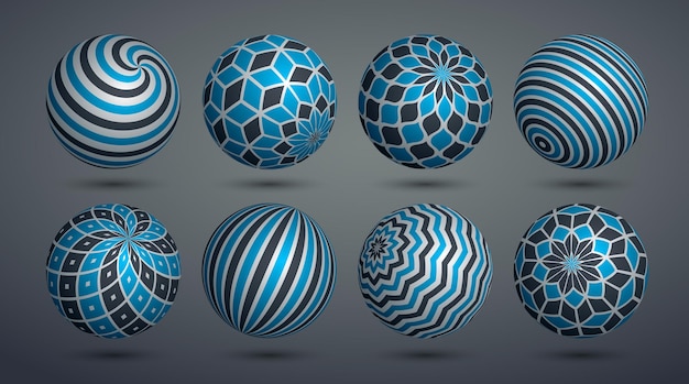 realistic decorated spheres vector illustrations set, abstract beautiful balls with patterns, 3d globes design concept collection.