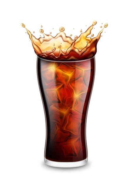 realistic detailed 3d glass with splash of drink and ice cubes vector