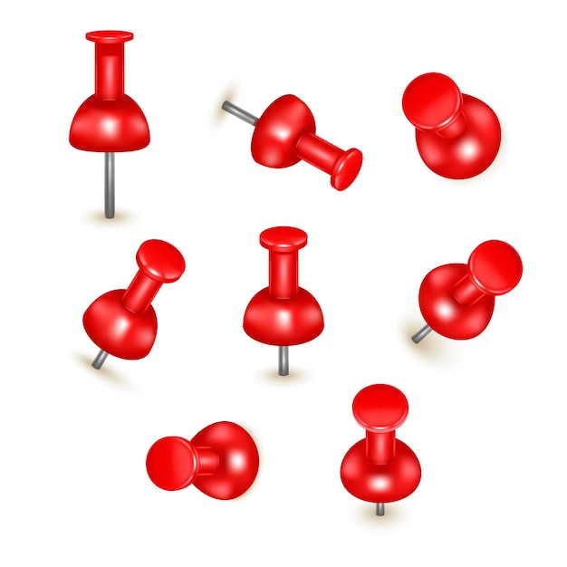 Realistic Detailed 3d Red Push Pins Different Angles Set Vector