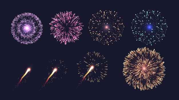 Realistic fireworks collection on dark background with trails and sparkles