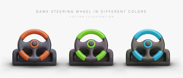 Realistic game steering wheel Set of vector images Device for computer racing